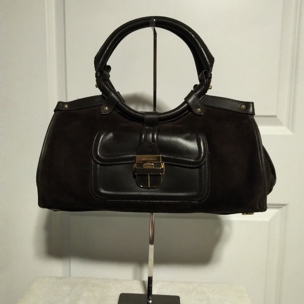 Authentic Jimmy Choo Dark Brown Suede & Leather Satchel Doctors Purse